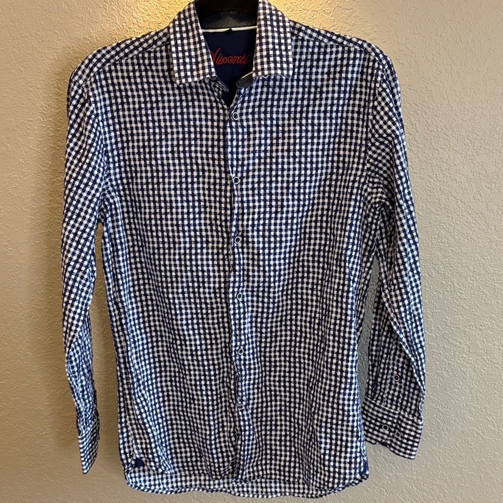 Visconti Textured Navy Gingham Casual Button Down Shirt/ Size small/ 100%cotton